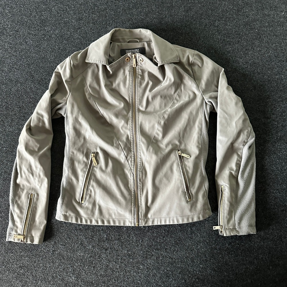 Kenneth Cole Reaction Taupe Gray Faux Leather Moto Jacket Gold Zip Women Medium